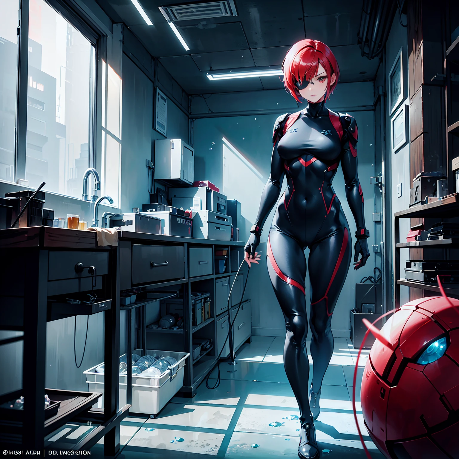 masterpiece, best quality, masterpiece, best quality, finely detail, beautiful detailed eyes, ultra detailed, extremely beautiful CG, super detailed skin, best quality, intricate, {{high quality}}, extra colors, 2D, megapixel, perfectionism, accent lighting, full HD, 4K, villain, dark heroine, 1girl, full body, 1girl, solo female, mature female, full body, contrapposto, resident evil laboratory, metal gear solid v, metroid underwater level, collarbone, red hair, red eyes, short hair, beautiful detailed eyes, weird red hair, short red hair, evil, medium_breasts, best quality, beautifully detailed face, ray tracing, DOF,HDR, thighhighs, fingerless_gloves, skintight clothe, fully clothed, gloves, (eye patch on left eyes:1,2 ), sneaking_suit, tactical gear, tactical uniform, camouflage bodysuit, skintight bodysuit, sneaking_suit, tactical gear, full clothed, indoors, horror movie ambience, character scale for the background, underwater ambience background, science fiction background, indoor, underwater base background, glowing, underwater base, deep water, official art, water infiltration, deep water through window, Pipeline under water, science fiction laboratory, underwater science fiction laboratory background, low water level on ground, corridor, submarine interior,