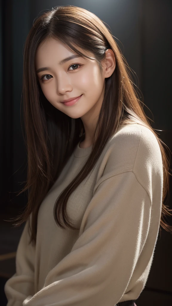 (front focus),(in the dark:1.6), japanese female, 18 years old, brown eyes, brown iris, soft and cremy skin, Hyperrealist portrait of female,fantasy art, photo realistic, dynamic lighting, artstation, poster, volumetric lighting, very detailed faces, best quality, 8k, award winning, 1girl, (official clothing:1.4) , long straight brown hair, smiling eyes