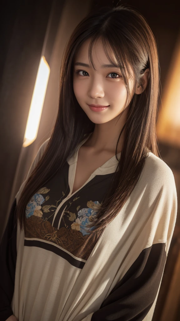 (front focus),(in the dark:1.6), japanese female, 18 years old, brown eyes, brown iris, soft and cremy skin, Hyperrealist portrait of female,fantasy art, photo realistic, dynamic lighting, artstation, poster, volumetric lighting, very detailed faces, best quality, 8k, award winning, 1girl, (official clothing:1.4) , long straight brown hair, smiling eyes