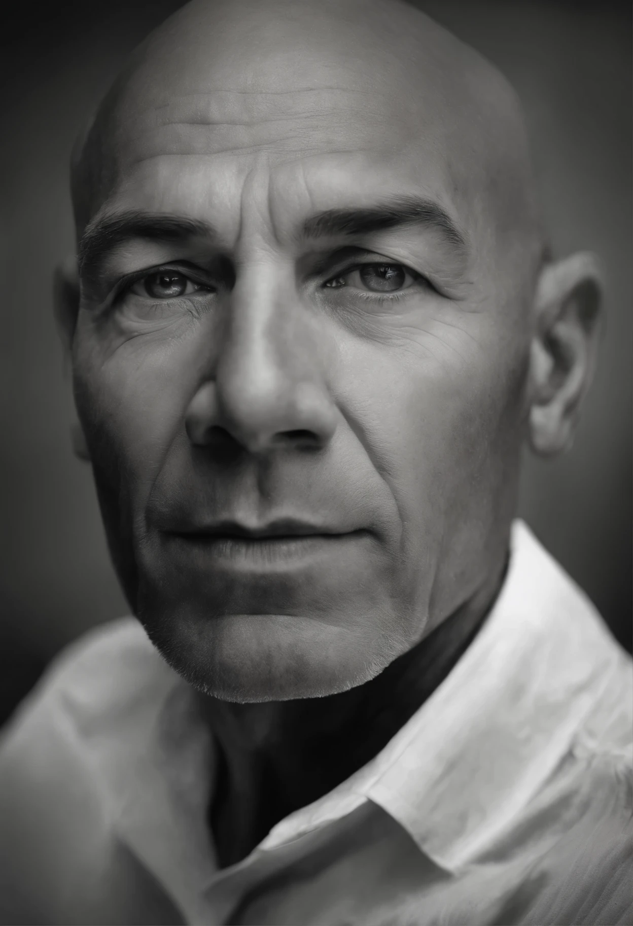 Create a hyper-realistic portrait of a bald, wise, and enlightened man with his face directed straight ahead. The man exudes a sense of serenity, intelligence and profound wisdom. His bald head reflects a gentle radiance, while his facial features are intricately captured with lifelike precision and clean shaven. The lines and wrinkles on his face tell stories of experience and knowledge. With his gaze fixed forward, there  a sense of purpose and clarity in his hazel eyes. 