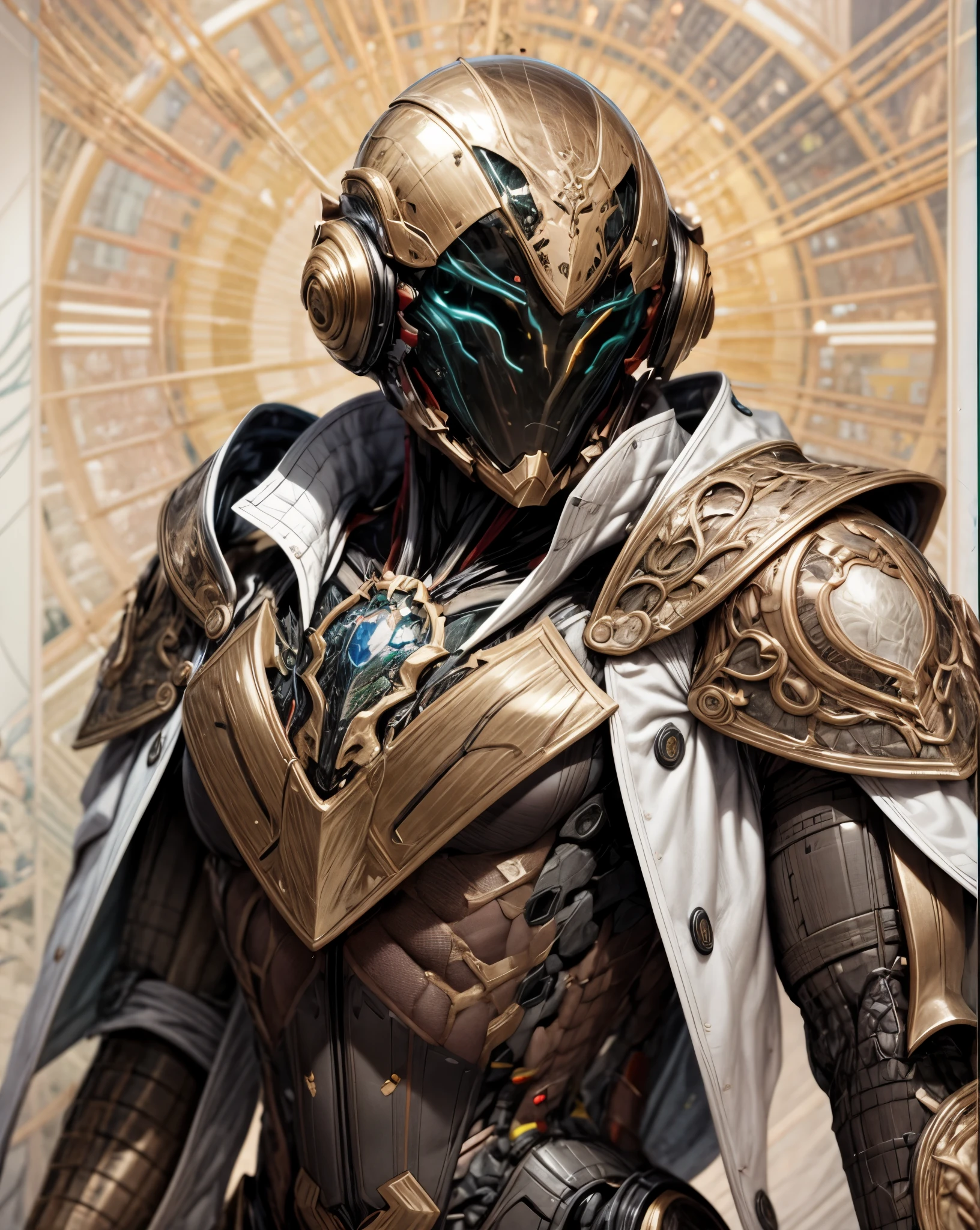 (((An epic and visually stunning digital anime masterpiece:1.4, art piece featuring a sylphlike ((feminine male:1.5)) elegant military cyborg soldier clad in a sleek yet tactical armored yet decorated military trench coat:1.3))), (((flat masculine male chest:1.5, mechanical robot head with a hood, glowing orange bar visor:1.5))), (((the character clothed in a (scifi tactical armored double breasted trench coat with a built in exoskeleton, hood pulled up), (((over a form fitted armor plated yet super sleek and sensually revealing under suit:1.6, thighs and waist exposed:1.5))), the armor plating on the upper arms and shoulders beautifully engraved))):1.4, The image showcases the intricacies of the character’s armor and clothing:1.5, ((capturing their flamboyant feminine essence and heavy mechanical art deco aesthetic:1.2)), The character also possesses an androgynous charm, (((with slim yet heavily muscled gorgeous feminine physique:1.2, sylphlike with a sleek waist:1.2, slim mechanical muscular armored torso:1.3, toned yet beautifully sleek cybernetic arms:1.3, mechanical arms and legs:1.3, mechanical muscles:1.3))), looking at viewer, (((brass metal armor and brown leather, dieselpunk:1.3))), (((depth of field, cinematic lighting, chromatic aberration, ray tracing, UHD, masterpiece, top of head covered, super detail, high details, high quality, award winning, 8k, highres, artificial muscle:1.4)))