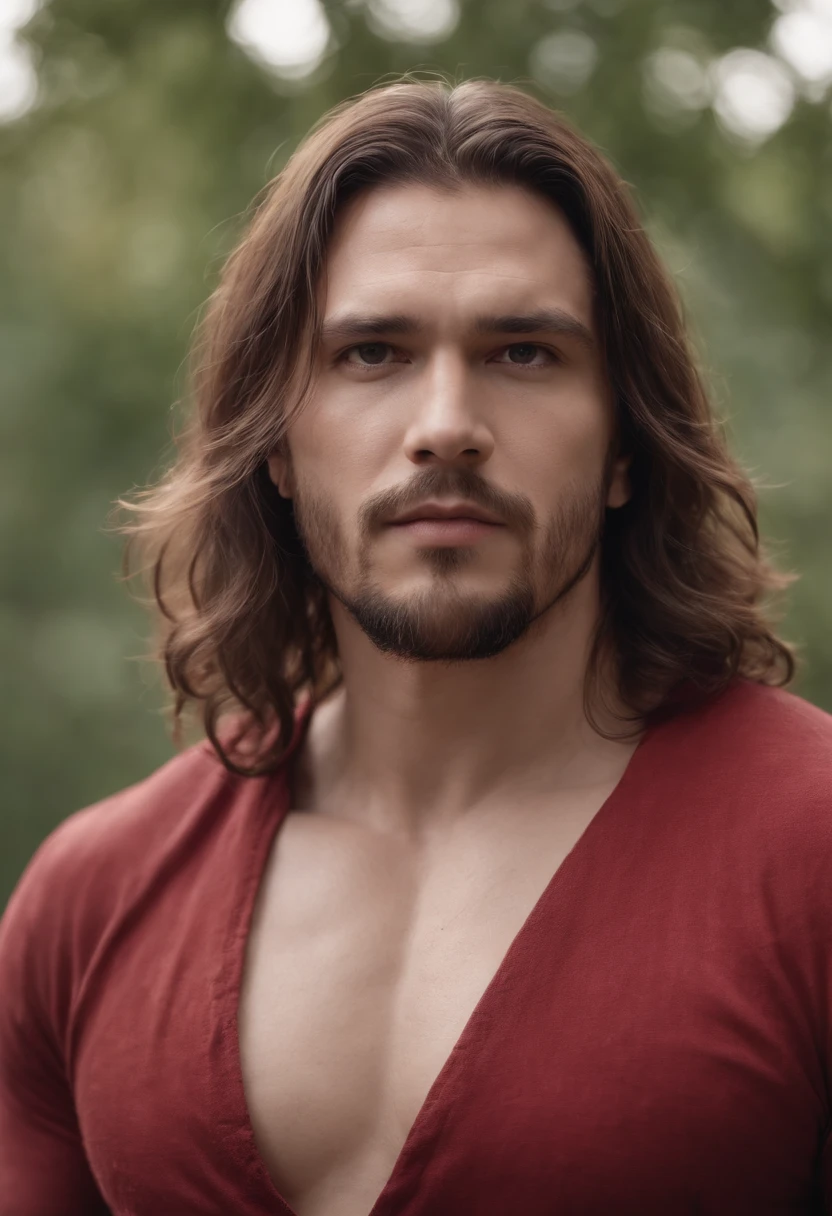 Very realistic photography results, a man with a large body, long hair, wearing red clothes