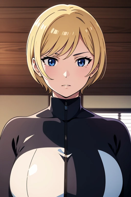 mangamichirum, 1girl, blond hair, short hair, medium breast, shiny black bodysuit, long sleeve, upper body, looking at view, masterpiece, high resolution, best quality, anime colored, 8k, photorealistic