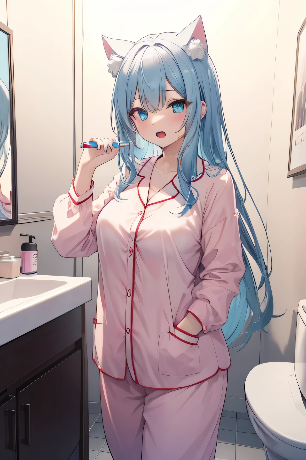((masterpiece)), ((highest quality)), ((8K)), High resolution, 1 girl, Cat ear, white skin, big breasts, aqua eye, tooth brushing, open your mouth, sleepy, pajamas, Toilet, mirror,