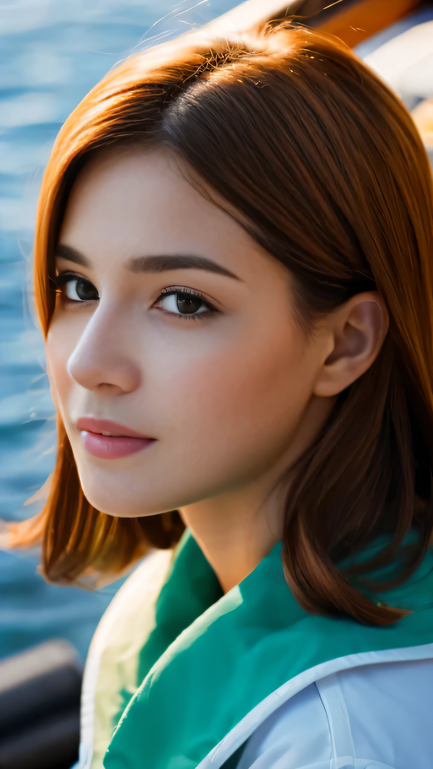 Ultra-high definition images,Facial details Super beautiful details,(masterpiece:1.2), highest quality, Photo of beautiful female fisherman, ginger hair, 20-year-old, wearing yellow raincoat, (By fishing boat:1.3), Photorealistic, Hyperrealistic, very detailed, analog style, hip cock, Moderately, low cut, fine skin, matte skin, soft lighting, Scattered under the water, realistic, heavy shadow, masterpiece, highest quality, ultra realistic, 8K, golden ratio, Complex, high detail, film photography, soft focus