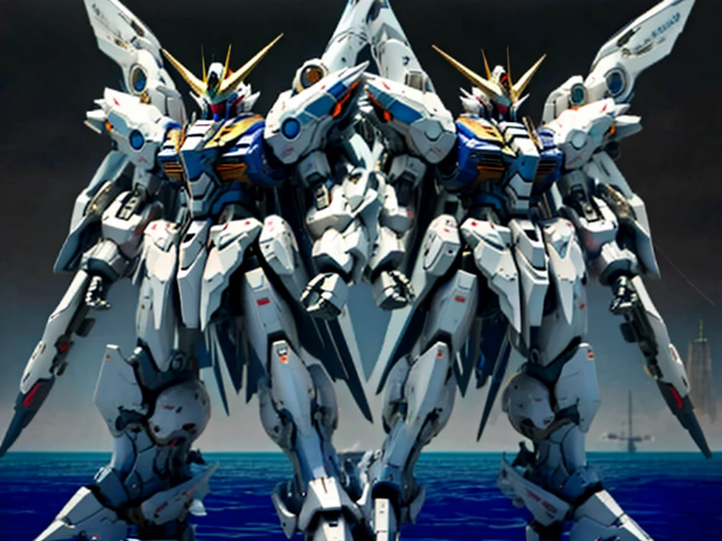 New launch century Gundam X、big moon、lake surface、standing in water、floating、Satellite Cannon、Beautiful scenery、high resolution、Beautiful night sky、Multicolored light、Clean light、large on the back4Feathers、water surface、standing on tiptoe、carrying a large cannon on his back、超high resolution、4K、gundam x、countless stars々、overlooking、