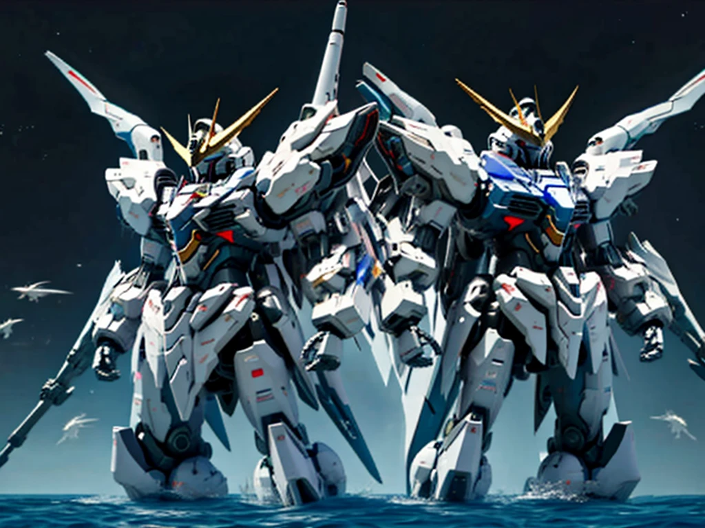New launch century Gundam X、big moon、lake surface、standing in water、floating、Satellite Cannon、Beautiful scenery、high resolution、Beautiful night sky、Multicolored light、Clean light、large on the back4Feathers、water surface、standing on tiptoe、carrying a large cannon on his back、超high resolution、4K、gundam x、countless stars々、overlooking、