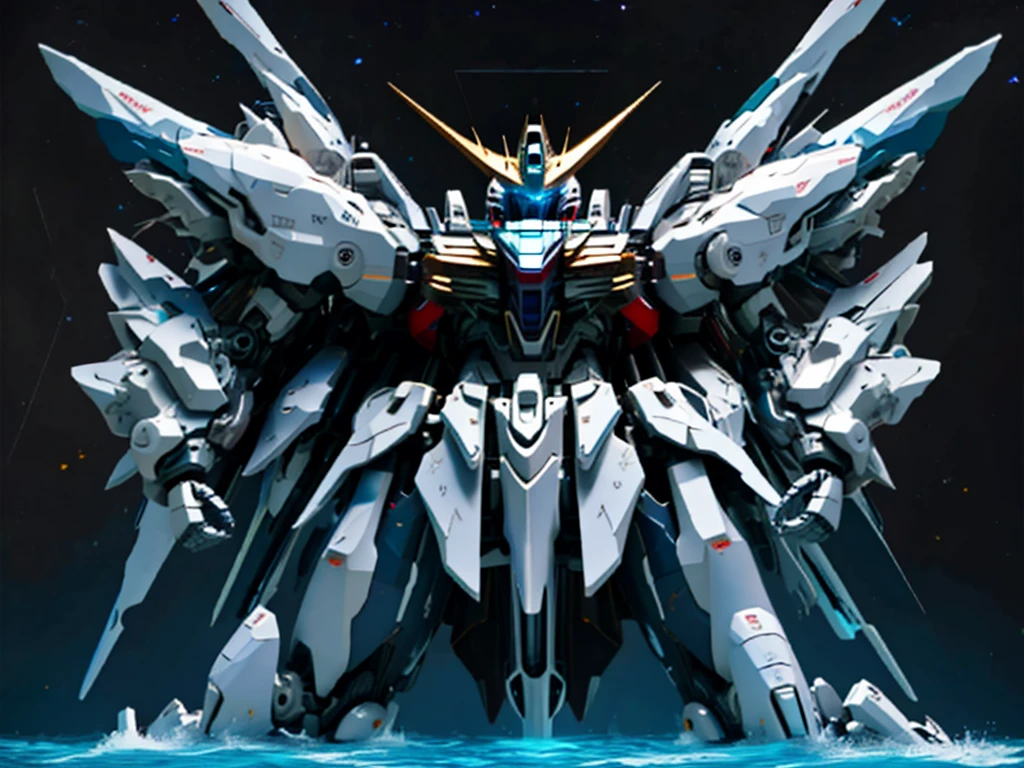 New launch century Gundam X、big moon、lake surface、standing in water、floating、Satellite Cannon、Beautiful scenery、high resolution、Beautiful night sky、Multicolored light、Clean light、large on the back4Feathers、water surface、standing on tiptoe、carrying a large cannon on his back、超high resolution、4K、gundam x、countless stars々、overlooking、