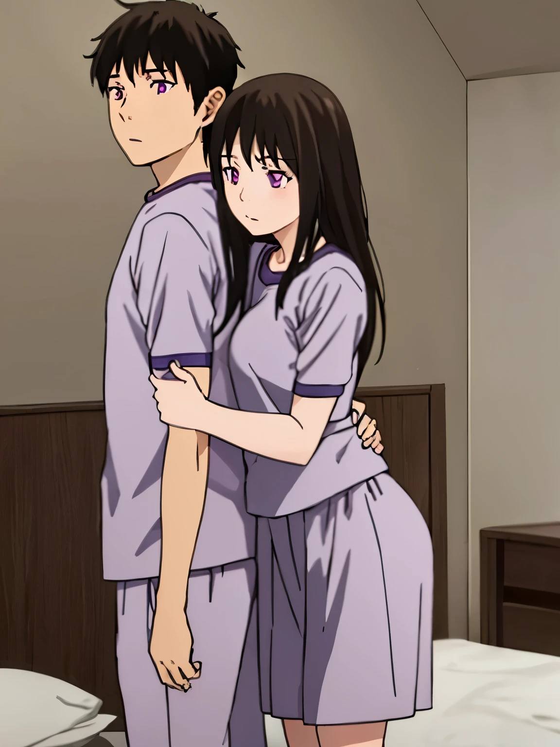 1boy, boy is behind girl, breast grope from behind, 1girl, purple eyes, bangs, black hair, blush, breasts, medium breast, gym uniform, collarbone, blue gym shorts, white short sleeve gym shirt , indoors, night, passionate hug, lie on bed, breastgrope from behind