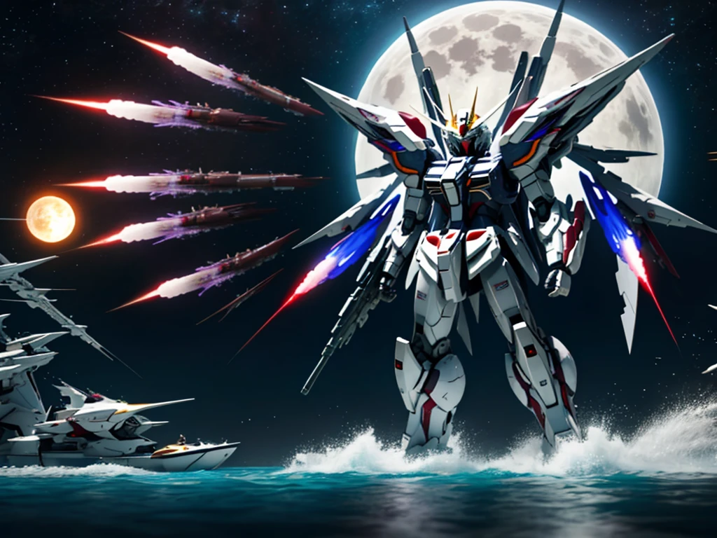 New launch century Gundam X、big moon、lake surface、standing in water、floating、Satellite Cannon、Beautiful scenery、high resolution、Beautiful night sky、Multicolored light、Clean light、large on the back４Feathers、water surface、standing on tiptoe、carrying a large cannon on his back、超high resolution、4K、gundam x、countless stars々、overlooking、I'm poised、Firing regime、