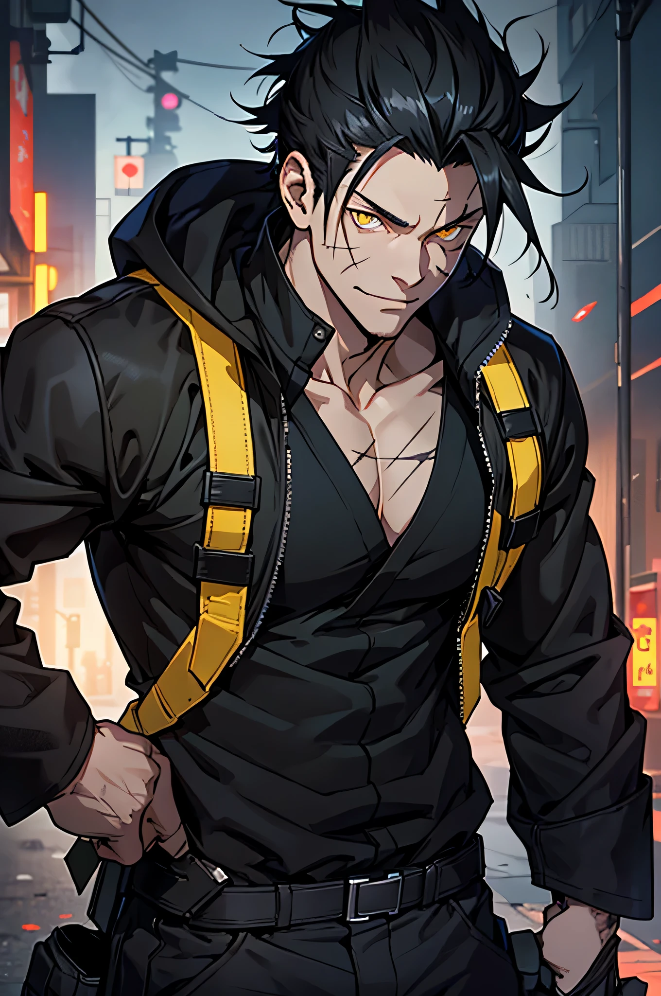 Black techwear, Baggy pants, Long black hair, masterpiece, Focus on face, detailed eyes,  scars on the arm, 4k, SOLO, 1boy, tall, Muscular, upper body, smirk, anime style, jujutsu kaisen style, mature, yellow eyes, LONG black hair