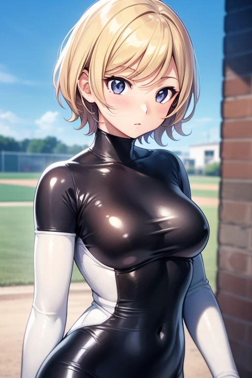 mangamichirum, 1girl, blond hair, short hair, medium breast, (shiny black bodysuit, long sleeve), (white baseball uniform, open uniform), upper body, looking at view, masterpiece, high resolution, best quality, anime colored, 8k, photorealistic