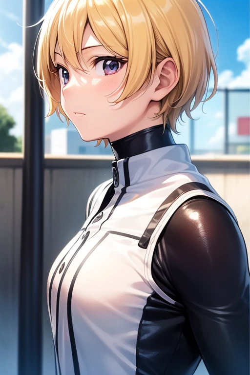 mangamichirum, 1girl, blond hair, short hair, medium breast, (shiny black bodysuit, long sleeve), (white baseball uniform, open uniform), upper body, looking at view, masterpiece, high resolution, best quality, anime colored, 8k, photorealistic