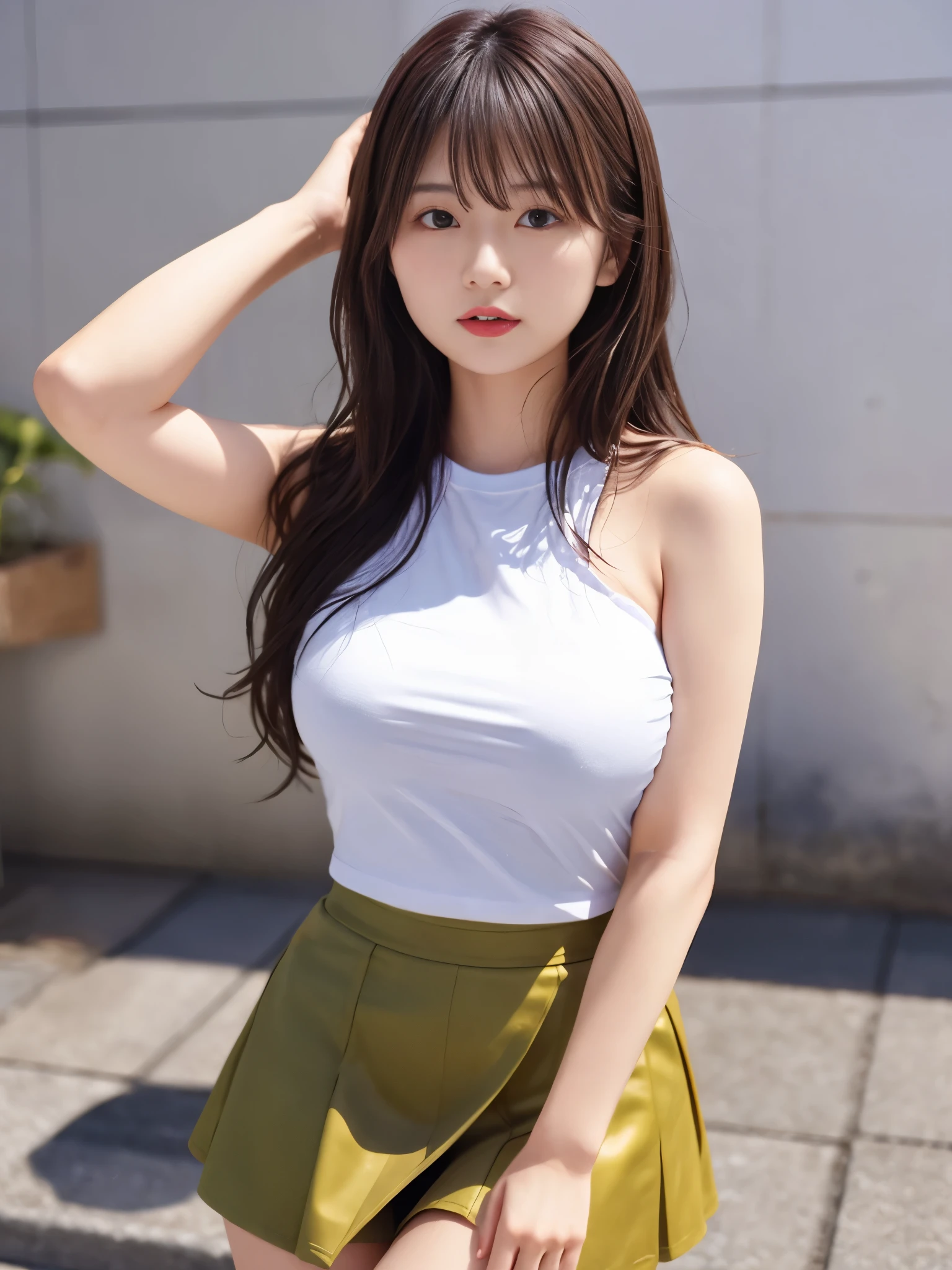 japanese girl、girl in her 20s、perfect body shape、Transparency、big breasts、One-shoulder、tight t-shirt、navy blue skirt、light blue shirt、fiery idol pose、 look、shiny thighs