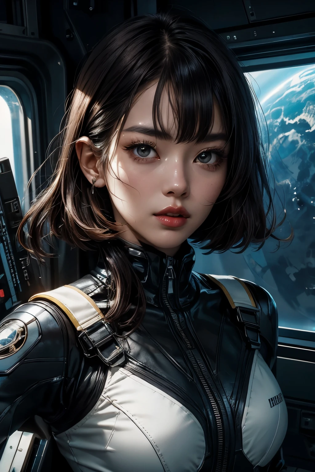 Upper body close-up image。A beautiful woman wearing black combat uniform、standing inside a spaceship。There is something on the waist that is reminiscent of Kamen Rider's transformation belt.。With dark brown hair、Her bangs are neatly trimmed at her forehead.。Age is 20 years old。beautiful double eyes。Although small、bridge of nose。thins、well-shaped lips。