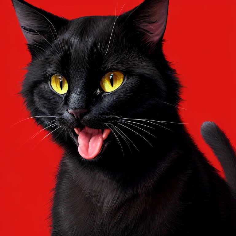 Black cat showing tongue, logo design, graphic design, drawing in bright red color,bright red background
