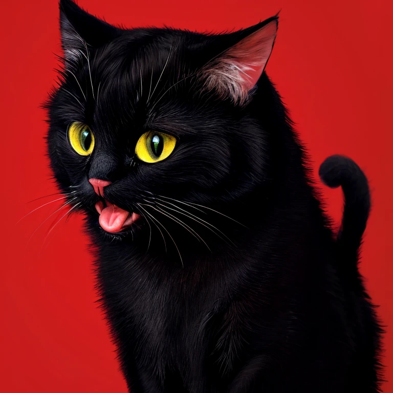 Black cat showing tongue, logo design, graphic design, drawing in bright red color,bright red background