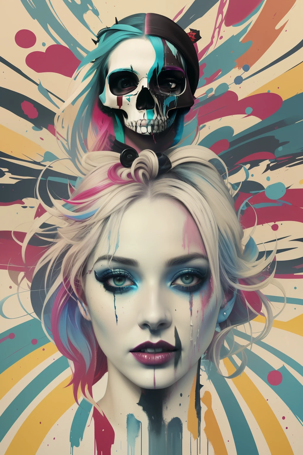 painting of a woman with a skull on her head and a woman with a bloody face, Colorful cinematography, Scary color graphics in 4 K, by Galen Dara, Portrait of Kim Petras, vibrant fan art, Anna Dittman, detailed 4k horror artwork, stunning art style, mud, resembling a mix of mud, looks like a mix of mud