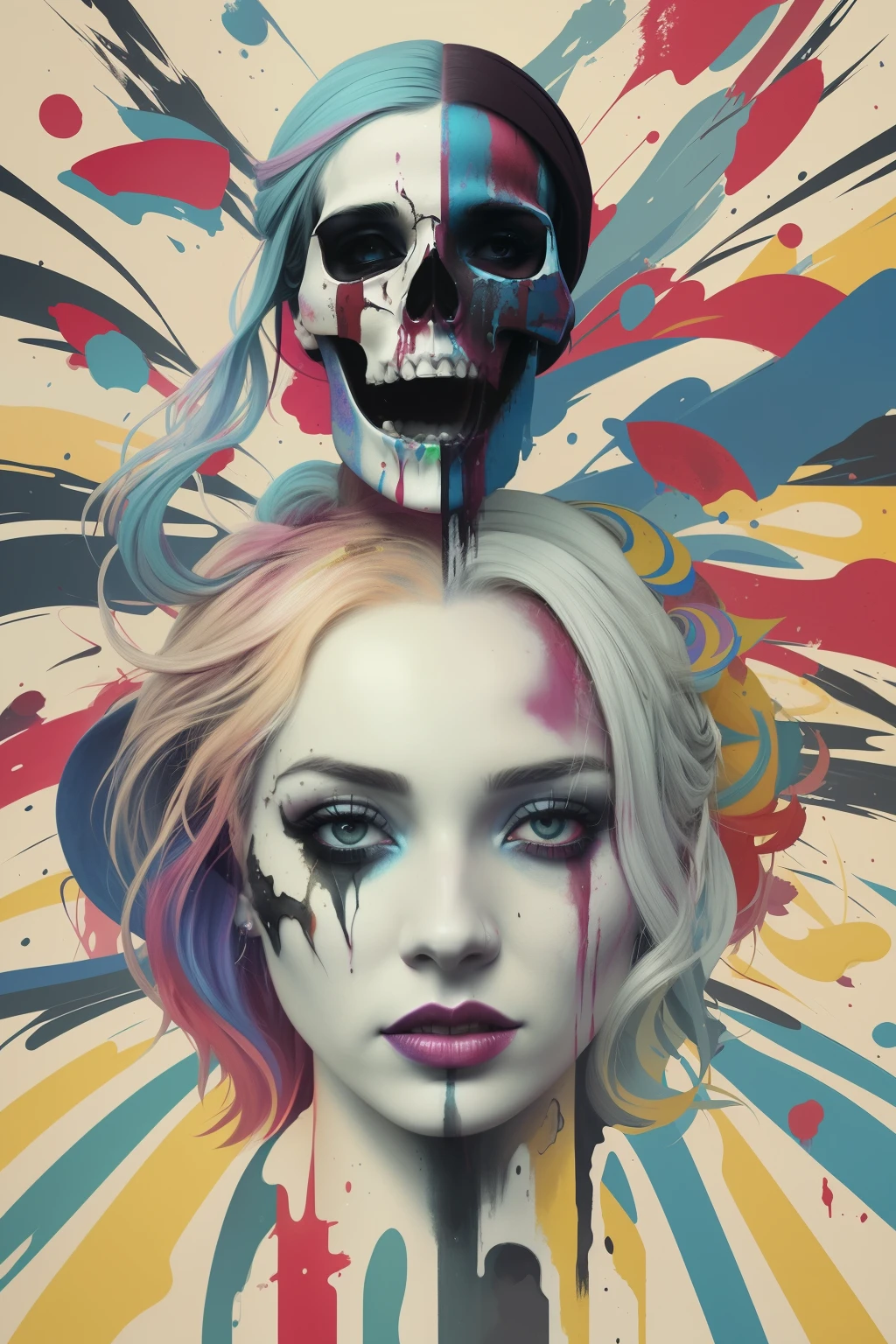 painting of a woman with a skull on her head and a woman with a bloody face, Colorful cinematography, Scary color graphics in 4 K, by Galen Dara, Portrait of Kim Petras, vibrant fan art, Anna Dittman, detailed 4k horror artwork, stunning art style, mud, resembling a mix of mud, looks like a mix of mud