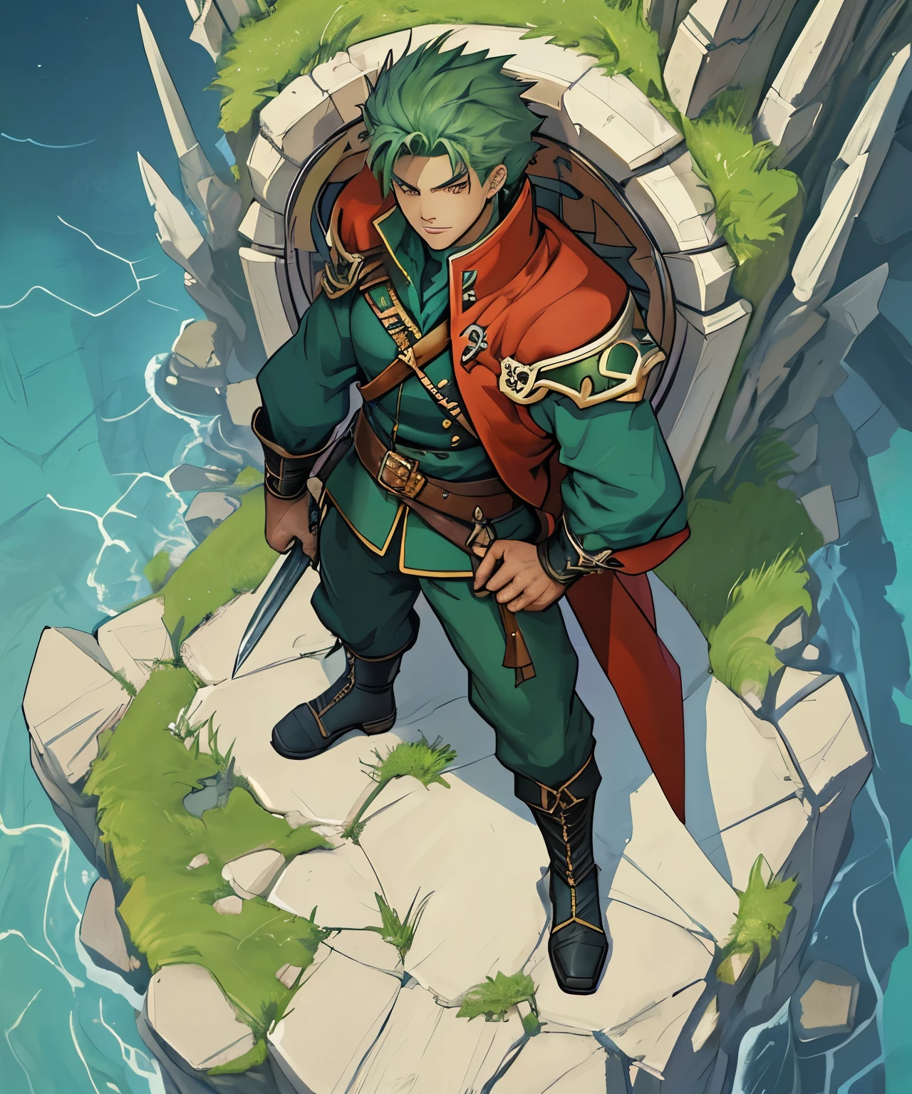 Final fantasy style, pixelated, character, cartoon, RPG character, legendary hero, 2D game isometric art, masterpiece, super detailing, holding sword in one hand and shield with coat of arms in other hand, digital quality at best , (blue military uniform), (green hair), (red fabric tied on the left shoulder).