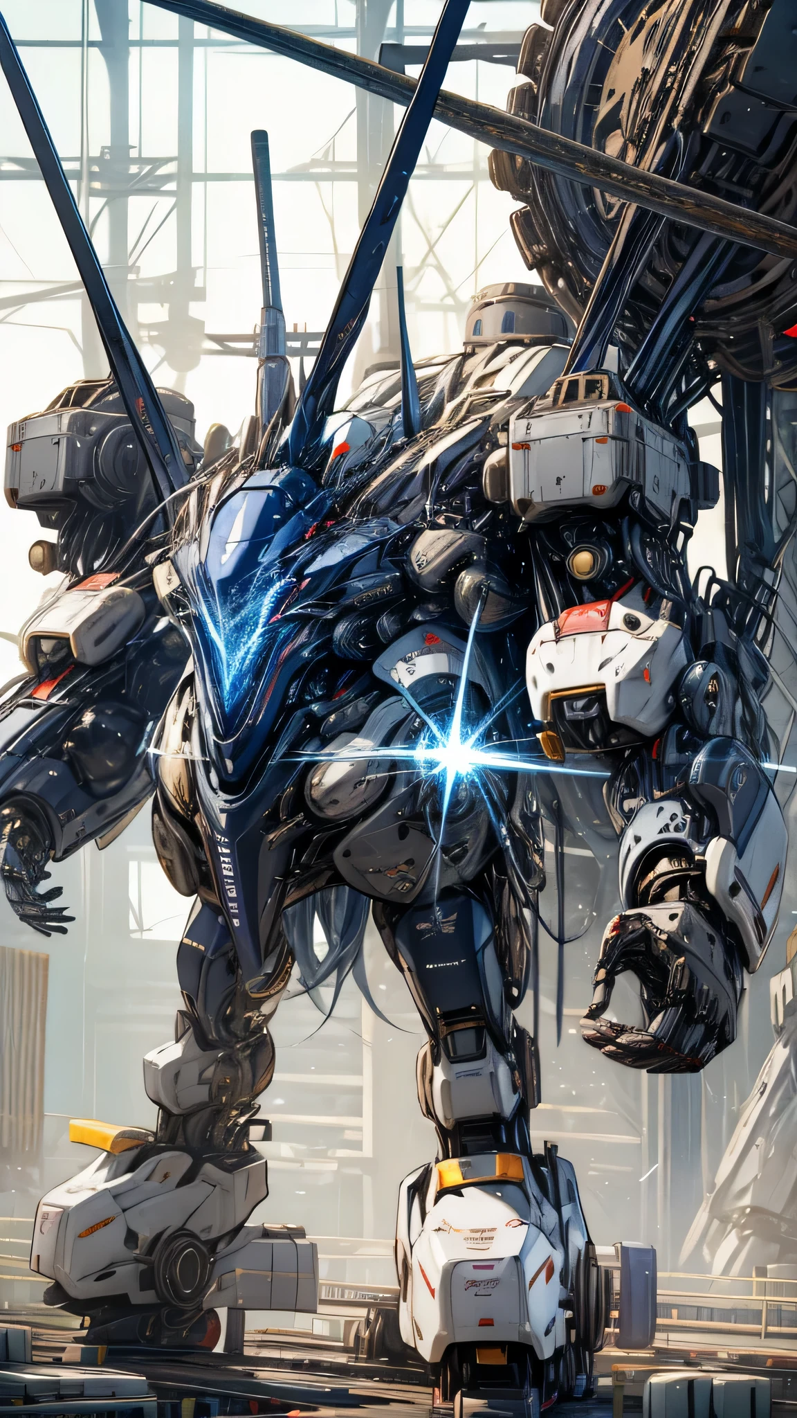 最high quality、best image quality、masterpiece、huge robot((Black body、huge propeller、missile pod、Gatling、two basics、Both arms、rugged design、floating in the air、strong body)),high quality、beautiful art、background((factory area)),pieces fly、Depth of written boundary、movie、visual art、perfect art、