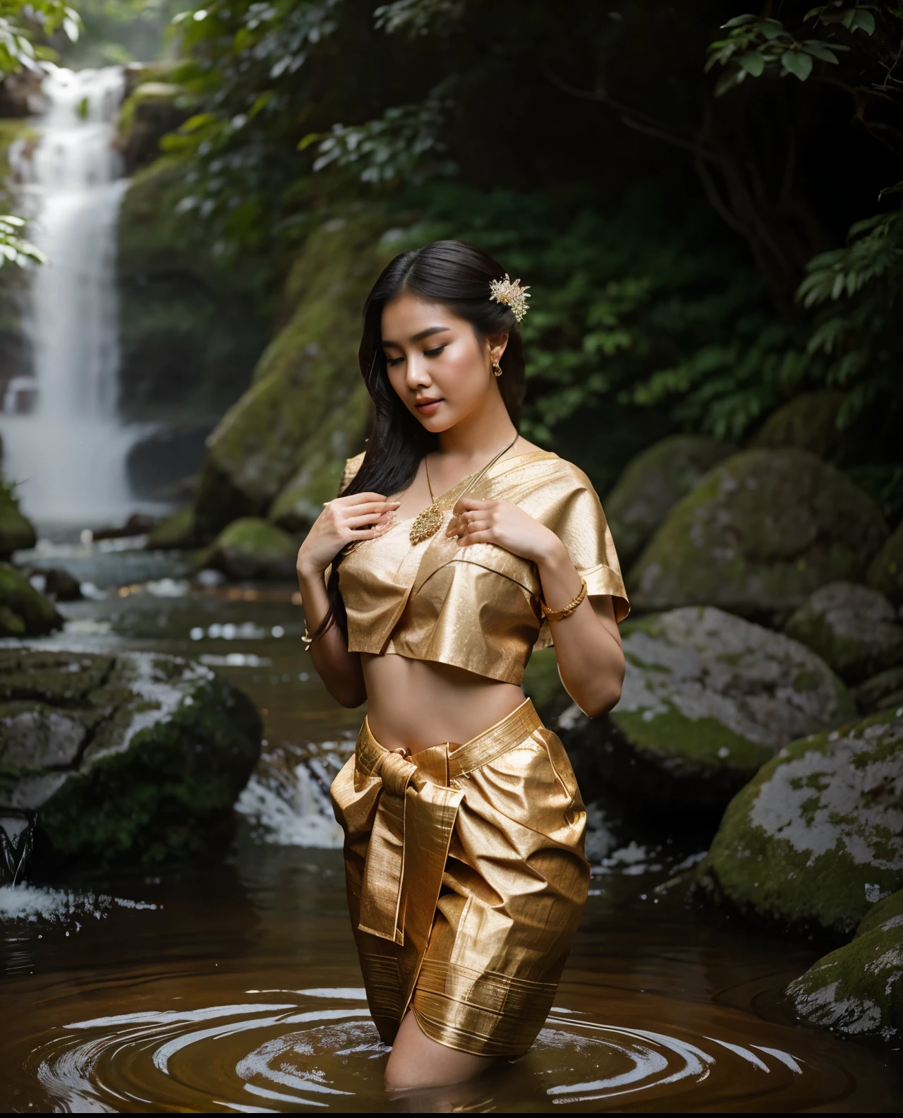 In this captivating scene, picture a 25-year-old Thai woman with a fair complexion and exquisite beauty. She is adorned in a sultry Thai outfit that tastefully accentuates her allure, confidently showcasing her well-proportioned figure. The traditional attire highlights her sensuality, with a subtle reveal of her ample bosom, adorned with delicate nipple covers.
The enchanting image unfolds as she engages in a playful interaction with a cascading waterfall, the water droplets glistening on her flawless skin. The backdrop is a stunning waterfall surrounded by lush greenery, creating a picturesque setting that perfectly complements the beauty of the Thai woman. The entire composition captures the essence of her youth, beauty, and the harmonious coexistence of the natural and human elements in this captivating moment