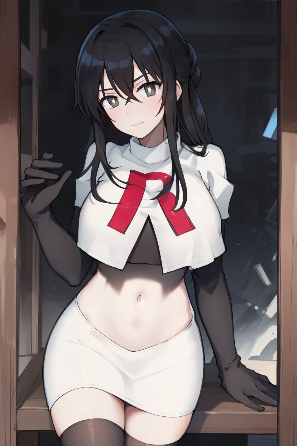 a girl, black hair, (black pupils:1.4), BREAK,big breasts, team rocket,team rocket uniform, red letter R, white skirt,white crop top,black thigh-highs,black elbow gloves
