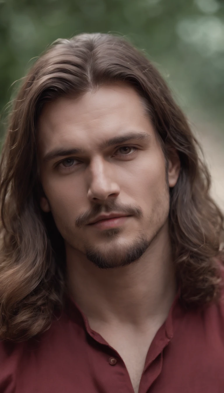 A photography, A man with a big body, long hair, very realistic, Very handsome, Detailed skin, in red, Very realistic like a photo