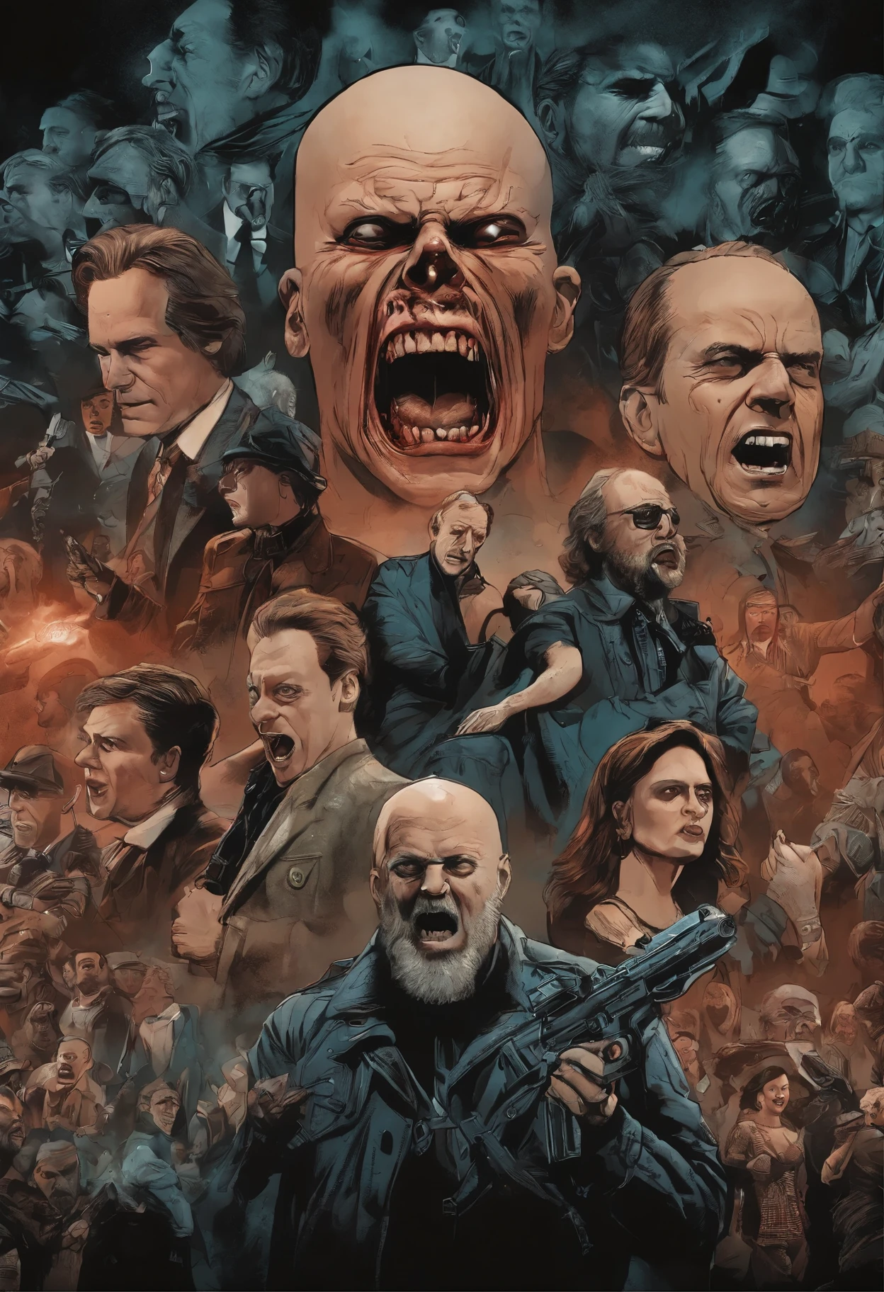 close-up of a poster with a bunch of people, anger. hyper detailed, a disembodied head screaming, detailed 4k horror artwork, Transmetropolitan, 1 movie cover 3 ghosts, scary detailed color graphics, according to Jodorowsky, Insanely detailed, Abstract horror, Nychos Art Aesthetic, poster, I'm going to devour you