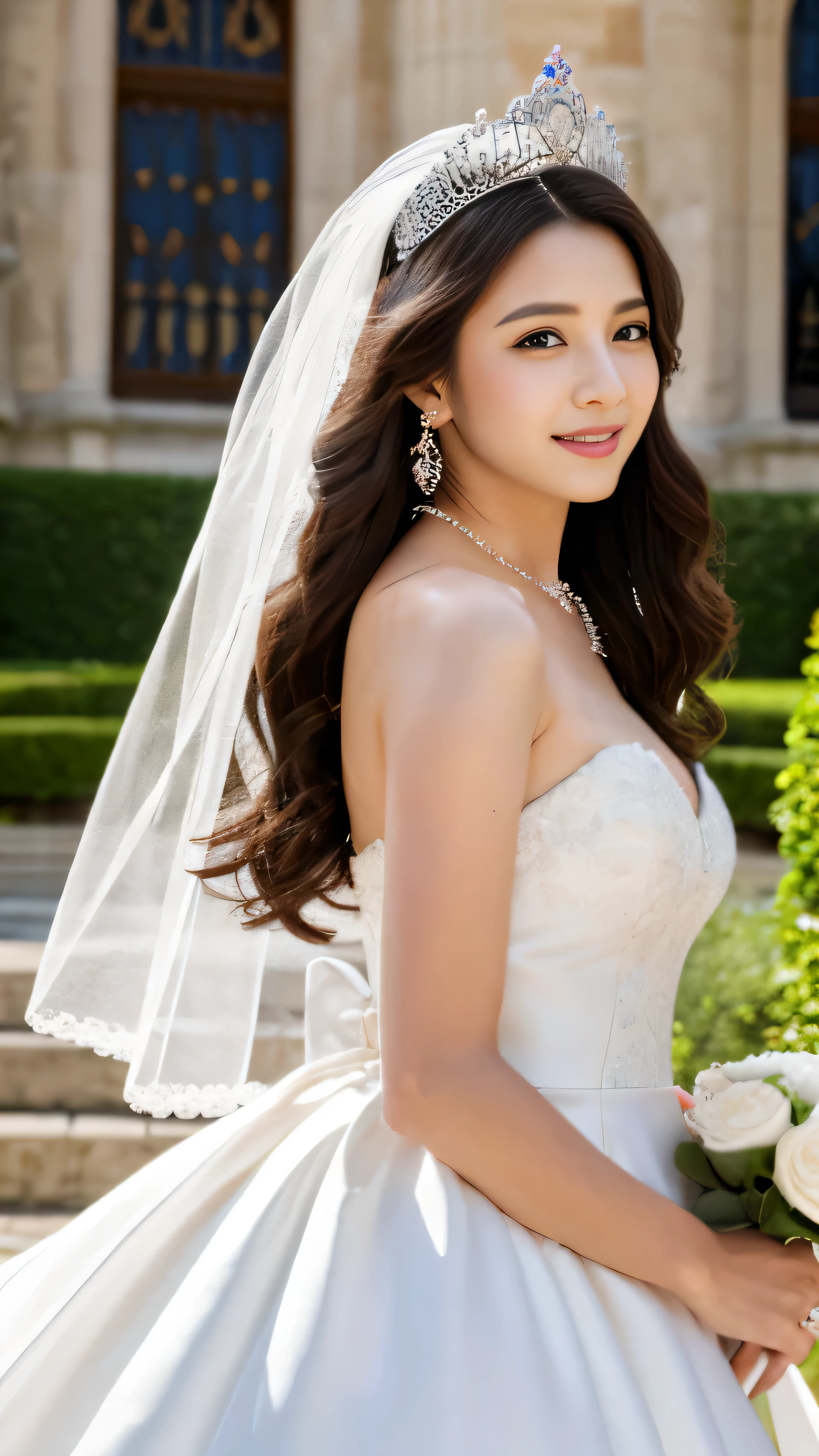(masterpiece, highest quality: 1.4), detailed background, White Crystal, Chrysal Cluster,long hair,jewelry, earrings, necklace, crown, bride, chestnut hair, Hello,pure white wedding dress full body high definition painting,The interior of the church is in the background,