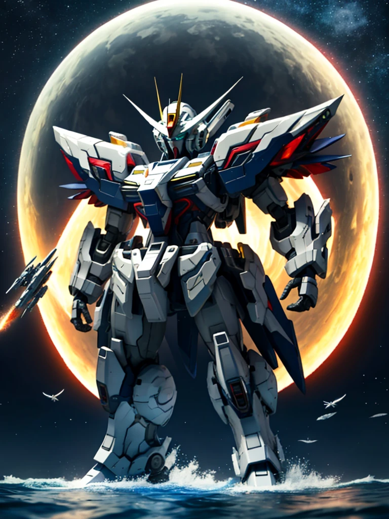 New launch century Gundam X、big moon、lake surface、Floating on the water、standing on tiptoe、Satellite Cannon、Beautiful scenery、high resolution、Beautiful night sky、Multicolored light、Clean light、large on the back4Feathers、water surface、standing on tiptoe、carrying a large cannon on his back、超high resolution、4K、countless stars々、overlooking、I'm poised、Firing regime、