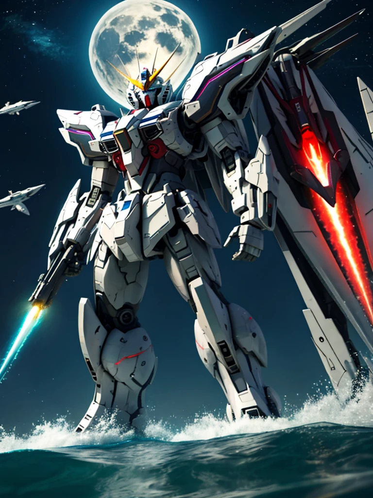 New launch century Gundam X、big moon、lake surface、Floating on the water、standing on tiptoe、Satellite Cannon、Beautiful scenery、high resolution、Beautiful night sky、Multicolored light、Clean light、large on the back4Feathers、water surface、standing on tiptoe、carrying a large cannon on his back、超high resolution、4K、countless stars々、overlooking、I'm poised、Firing regime、