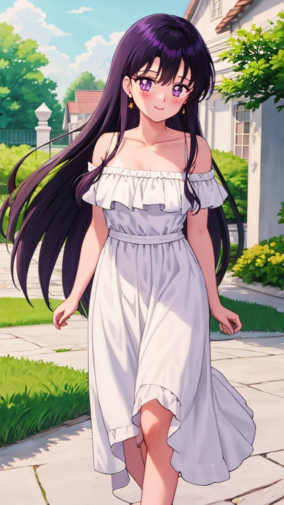 Rei_Hino, 1 girl, solo, Best quality, masterpiece, High Definition, Teenager, Purple Eyes, Beautiful Detail Eyes, Black Hair, Long Hair, Good hands, Smile, Blushing, Bare Neck, Bare Arms, Bare Shoulders, White Ruffle Off-the-Shoulder Top, White Strapless Off-the-shoulder Dress, White Dress, Long maxi dress, standing near to a garden house Background,