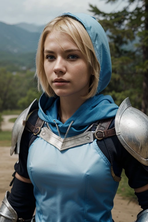 WARRIOR, FEMALE, BLOND HAIR, SHORT HAIR, BLUE ARMOR, BLUE HOOD, WHITE SKIN