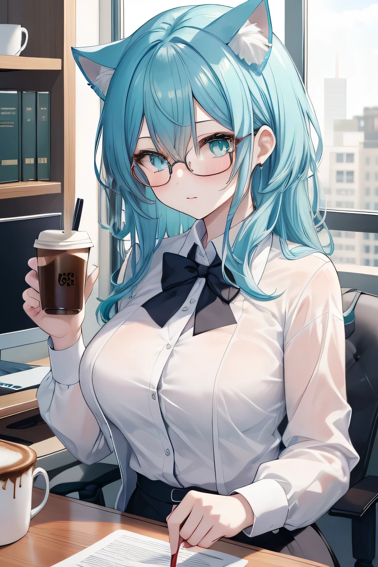 ((masterpiece)), ((highest quality)), ((8K)), High resolution, 1 girl, Cat ear, white skin, big breasts, aqua eye, office lady, Glasses, office, suit, cup of coffee