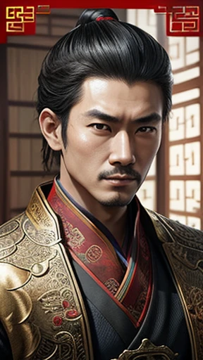 oriental、man in ancient chinese clothes、ancient chinese hairstyle man、three kingdom、multiple warlords、highest quality、masterpiece、ultra high resolution、(Photoreal:1.4)、game poster、inside the house、