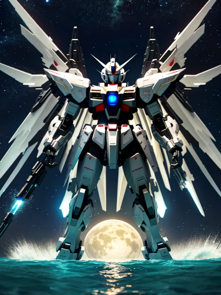 New launch century Gundam X、big moon、lake surface、Floating on the water、standing on tiptoe、Satellite Cannon、Beautiful scenery、high resolution、Beautiful night sky、Multicolored light、Clean light、large on the back４Feathers、water surface、standing on tiptoe、carrying a large cannon on his back、超high resolution、4K、countless stars々、overlooking、I'm poised、Firing regime、Bitmobile suit around、