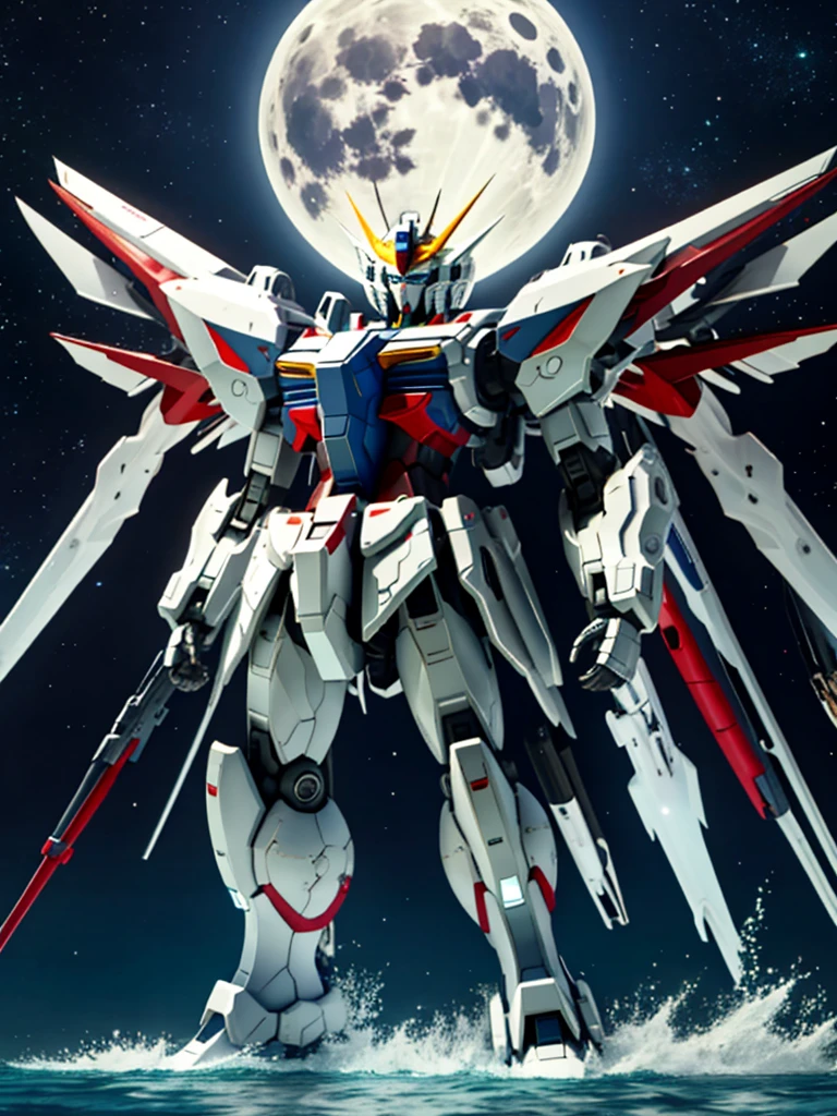 New launch century Gundam X、big moon、lake surface、Floating on the water、standing on tiptoe、Satellite Cannon、Beautiful scenery、high resolution、Beautiful night sky、Multicolored light、Clean light、large on the back４Feathers、water surface、standing on tiptoe、carrying a large cannon on his back、超high resolution、4K、countless stars々、overlooking、I'm poised、Firing regime、Bitmobile suit around、