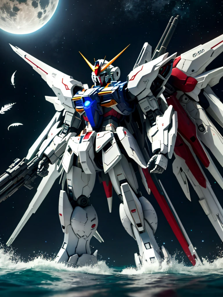 New launch century Gundam X、big moon、lake surface、Floating on the water、standing on tiptoe、Satellite Cannon、Beautiful scenery、high resolution、Beautiful night sky、Multicolored light、Clean light、large on the back4Feathers、water surface、standing on tiptoe、carrying a large cannon on his back、超high resolution、4K、countless stars々、overlooking、I'm poised、Firing regime、Bitmobile suit around、