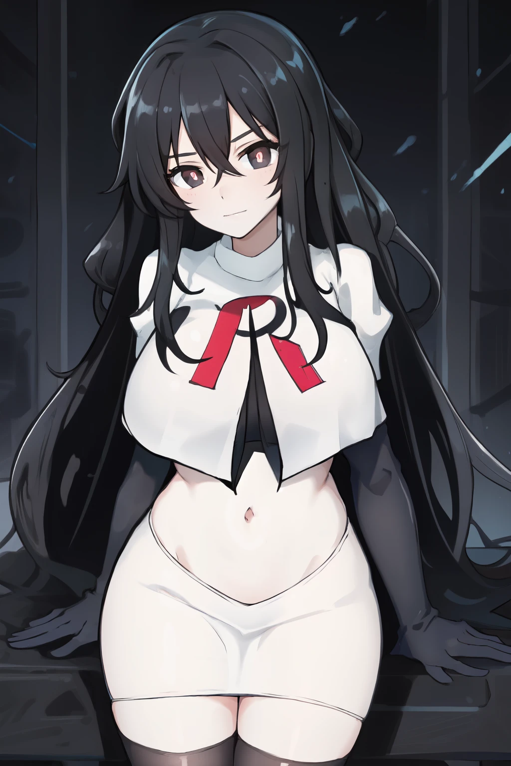 a girl, black hair, (black pupils:1.4), BREAK,big breasts, team rocket,team rocket uniform, red letter R, white skirt,white crop top,black thigh-highs,black elbow gloves