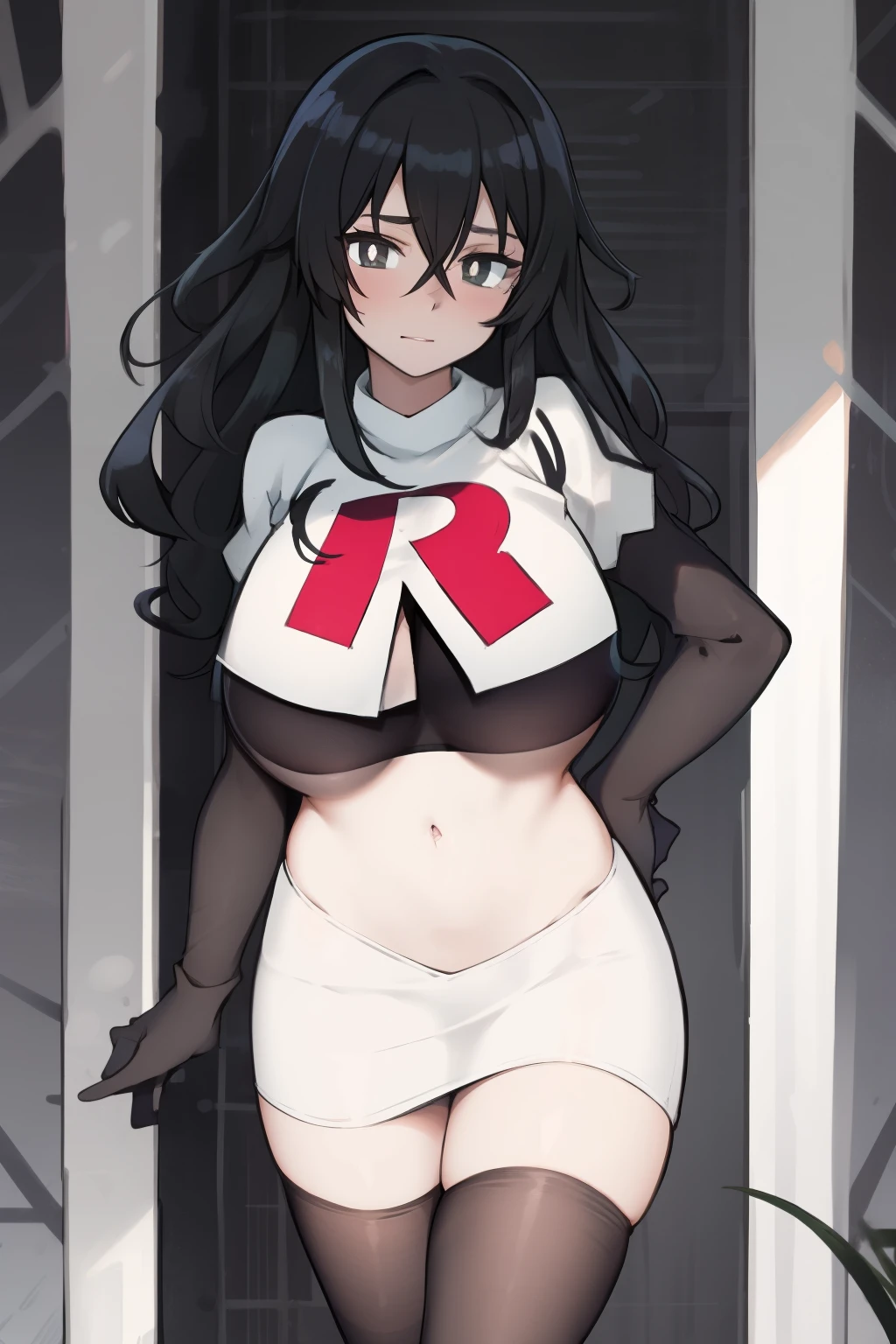 a girl, black hair, (black pupils:1.4), BREAK,big breasts, team rocket,team rocket uniform, red letter R, white skirt,white crop top,black thigh-highs,black elbow gloves
