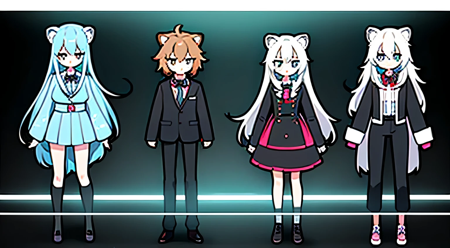 ((highest quality)), ((masterpiece)), (become familiar with),Three sisters standing in an imaginary neon city,A girl who personifies a cat,A woman who personifies a tiger,A woman personified as a lion