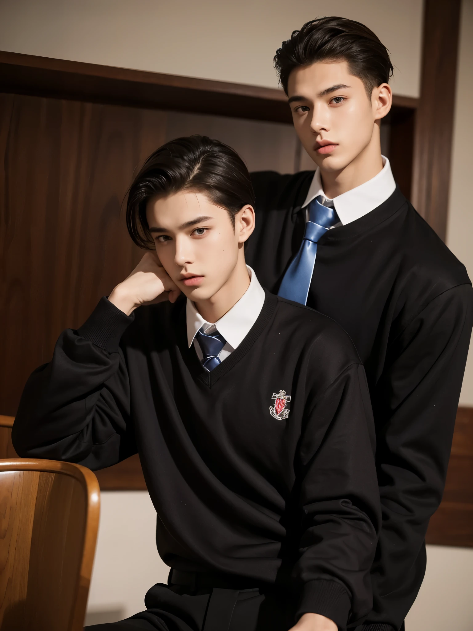 boy, 17 y.o, handsome, slick back, long-sleeved shirt, tie, school