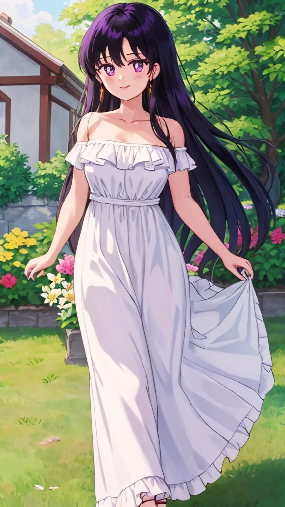 Rei_Hino, 1 girl, solo, Best quality, masterpiece, High Definition, r, Purple Eyes, Beautiful Detail Eyes, Black Hair, Long Hair, Good hands, Smile, Bare Neck, Bare Arms, Bare Shoulders, White Ruffle Off-the-Shoulder Top, White Strapless Off-the-shoulder Dress, White Dress, Long maxi dress, standing near to a garden house Background,