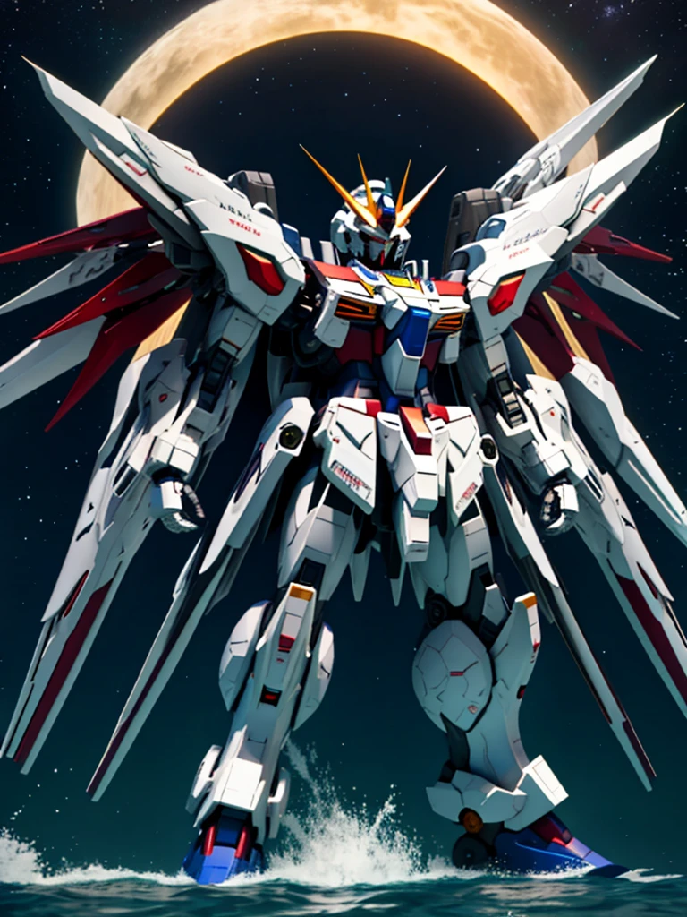 New launch century Gundam X、big moon、lake surface、Floating on the water、standing on tiptoe、Satellite Cannon、Beautiful scenery、high resolution、Beautiful night sky、Multicolored light、Clean light、large on the back４Feathers、water surface、standing on tiptoe、carrying a large cannon on his back、超high resolution、4K、countless stars々、overlooking、I'm poised、Firing regime、Bitmobile suit around、New Gundam X、