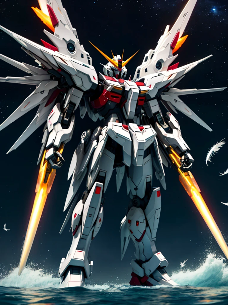 New launch century Gundam X、big moon、lake surface、Floating on the water、standing on tiptoe、Satellite Cannon、Beautiful scenery、high resolution、Beautiful night sky、Multicolored light、Clean light、large on the back4Feathers、water surface、standing on tiptoe、carrying a large cannon on his back、超high resolution、4K、countless stars々、overlooking、I'm poised、Firing regime、Bitmobile suit around、New Gundam X、