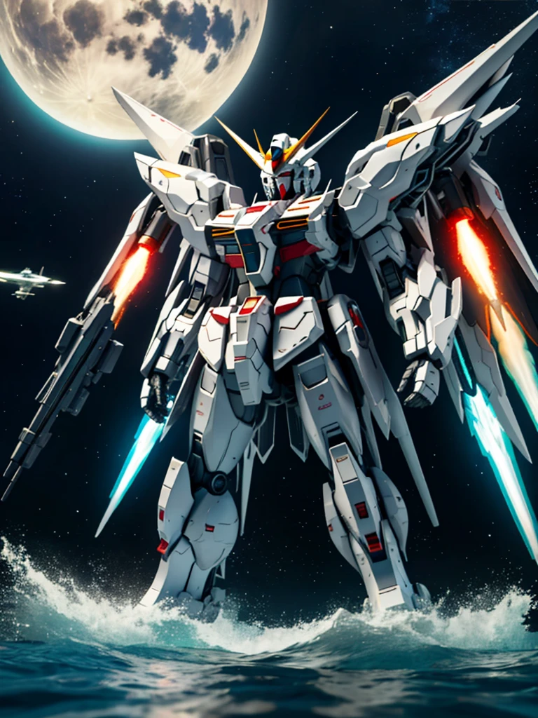 New launch century Gundam X、big moon、lake surface、Floating on the water、standing on tiptoe、Satellite Cannon、Beautiful scenery、high resolution、Beautiful night sky、Multicolored light、Clean light、large on the back4Feathers、water surface、standing on tiptoe、carrying a large cannon on his back、超high resolution、4K、countless stars々、overlooking、I'm poised、Firing regime、Bitmobile suit around、New Gundam X、