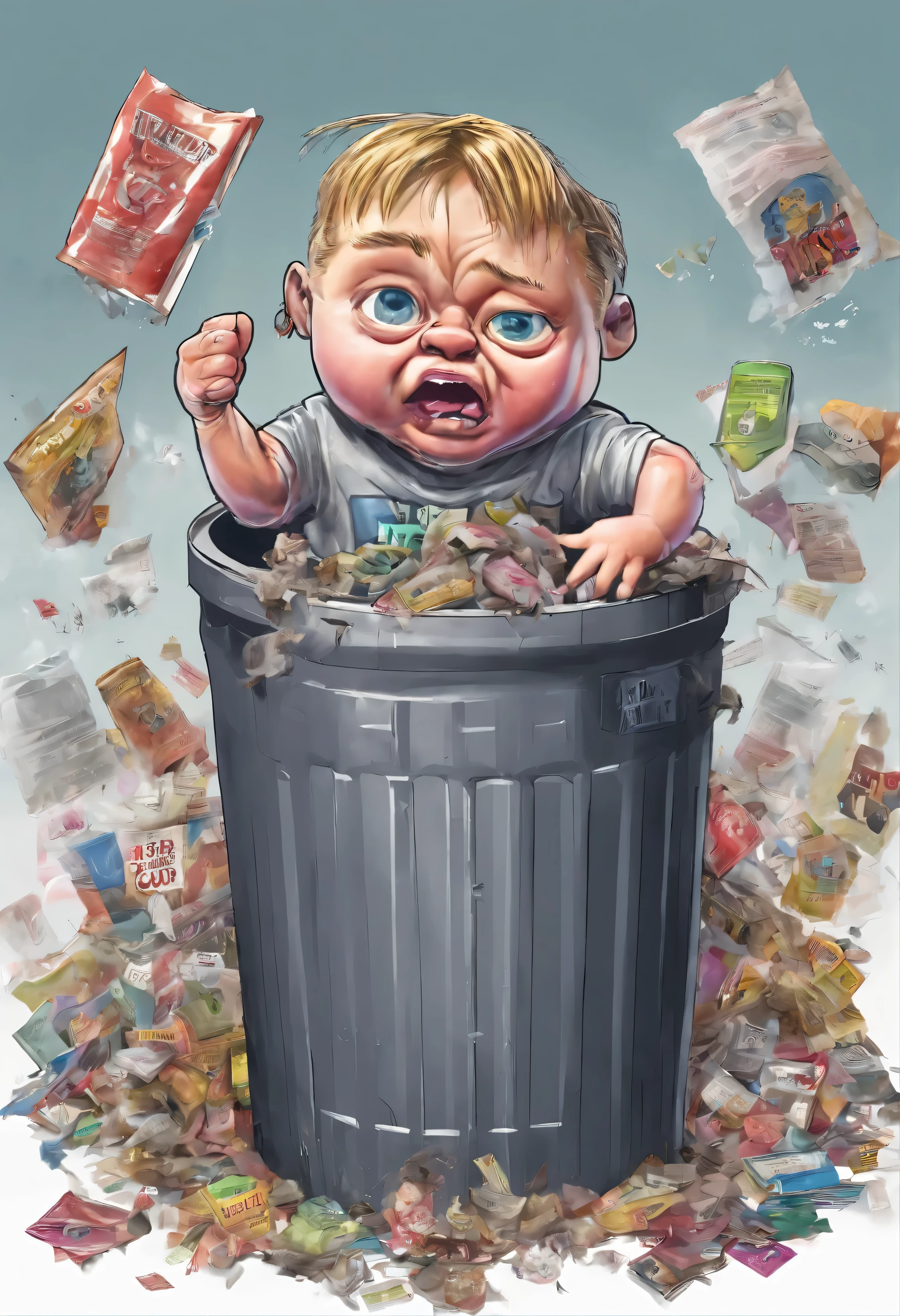 ((Brad Pitt as a garbage pail kid, inside a trashcan, dirty disgusting kid)), trash around trashcan, snot on kid, black to white gradient background, 3d cartoon, high quality, detailed,