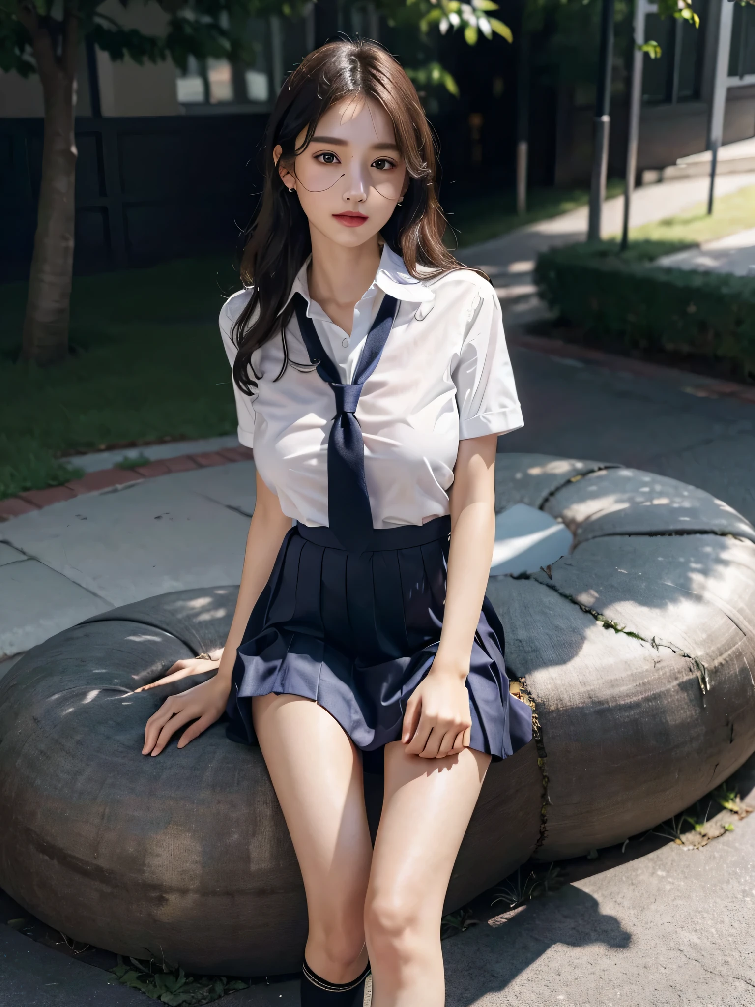 disorganized, RAW photo, very delicate and beautiful, masterpiece, highest quality, ultra high resolution, 16k, surreal, super detailed, perfect anatomy, super dense skin, perfect figure, Highly detailed CG 8k wallpaper, 20's, very slim body, (tight waist:1.1), very small head, very small face, delicate features, tearful mole, mole on chest, earrings, thin legs, (very huge round breasts:1.2), (full body shot:1.3), short middle hair, wavy hair, (school uniform:1.3),