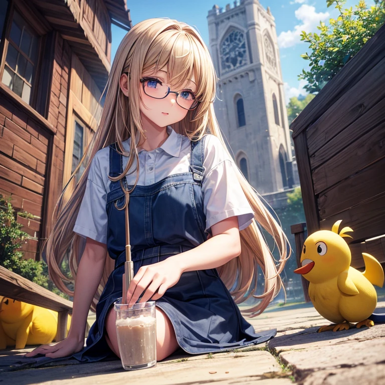 Chica de anime, pechos grandes, usando gafas camisa de vestir desabotonada con un nudo mostrando su vientre, falda de tubo, calsas blancas y ajustadas mostrando parte de sus pechos, ojos azules, brown long hair.